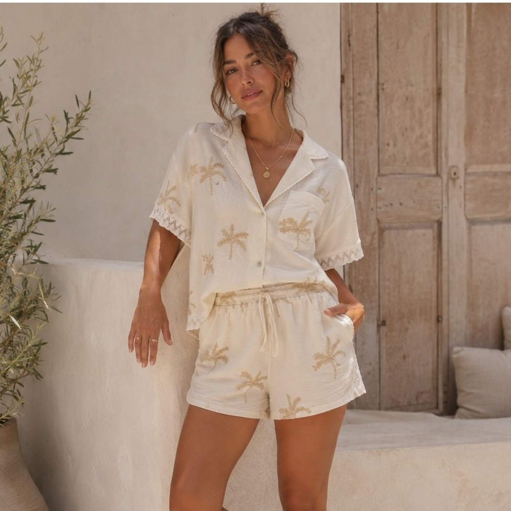 Fashion Nova Cream Embroidered Palm Tree Shirt and Shorts Two Piece Set Womens